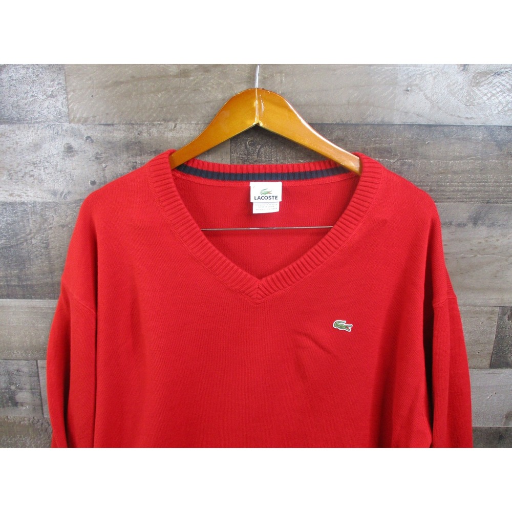 Lacoste Sweater Mens 2XL Red V Neck Pullover Cotton Knit Classic Croc Logo